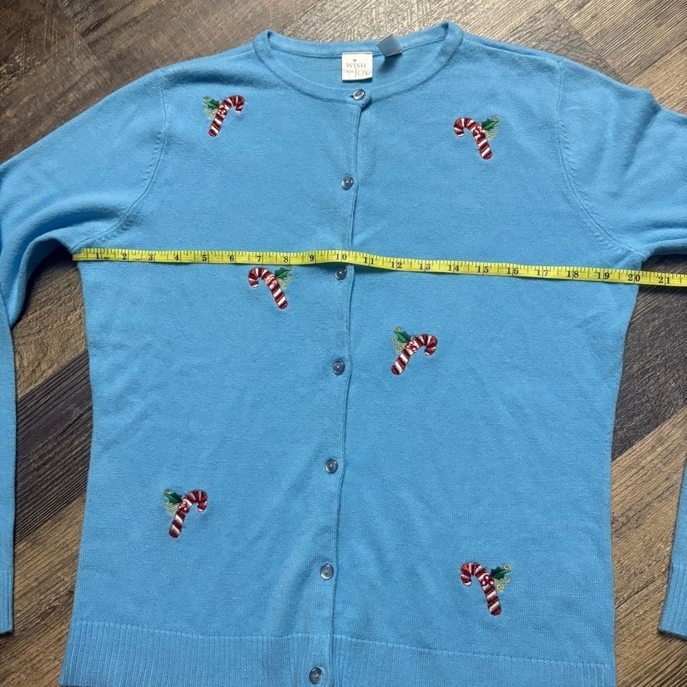 Wish for Joy blue Christmas button up long sleeve holiday candy cane top M - Picture 3 of 6